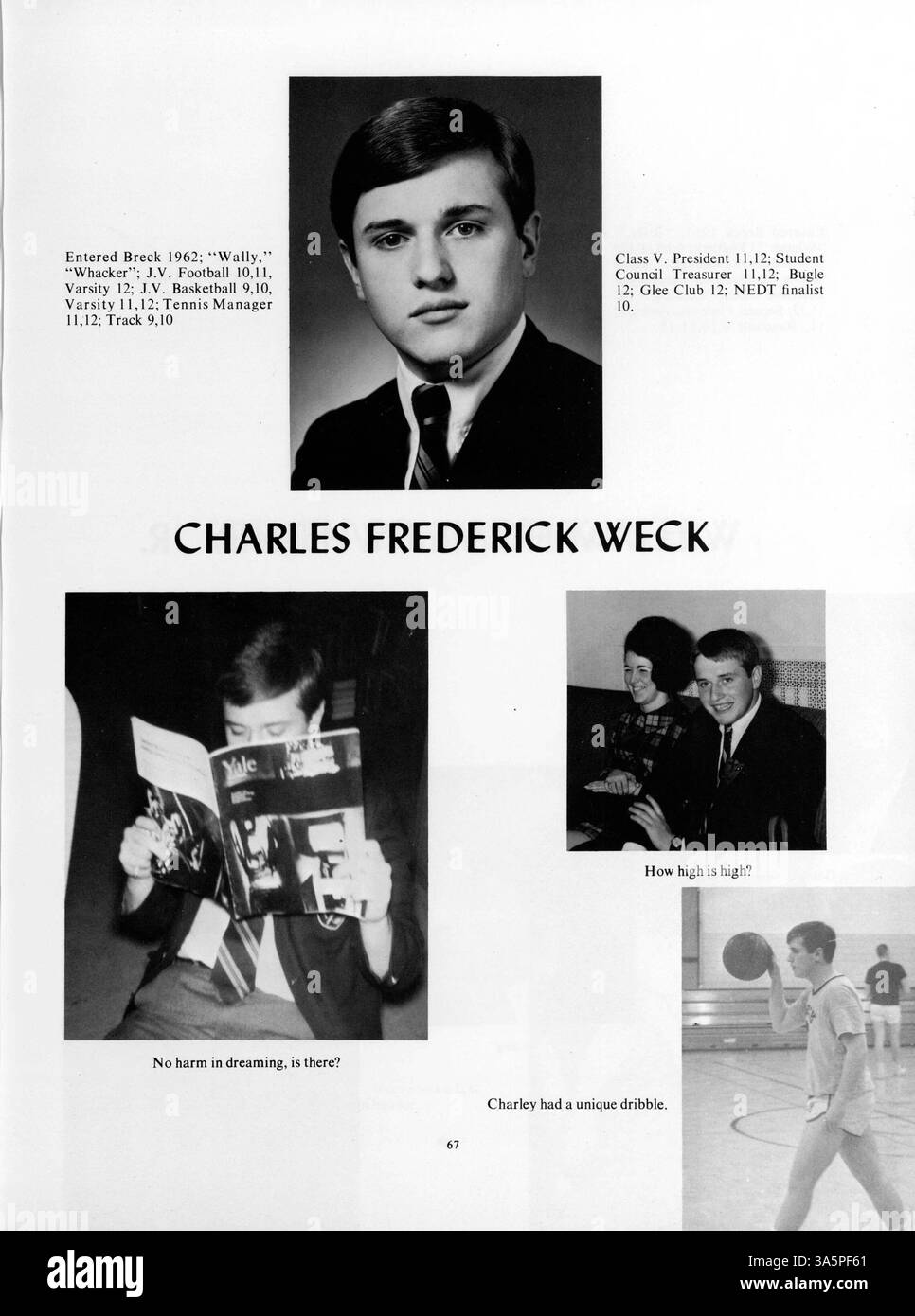 Das Mustang Jahrbuch 1968 dokumentiert die Leistungen der Breck School, sportliche Veranstaltungen, Vereine und wichtige Meilensteine des akademischen Jahres 1967-1968. Stockfoto