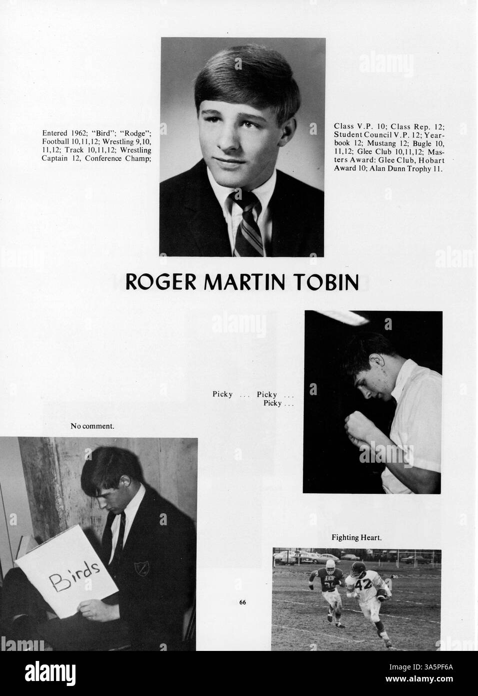 Dieses Mustang Jahrbuch 1968 zeigt Schüler, Leichtathletik, Vereine, Lehrkräfte und wichtige Ereignisse der Breck School, die das Schuljahr 1967-1968 geprägt haben. Stockfoto