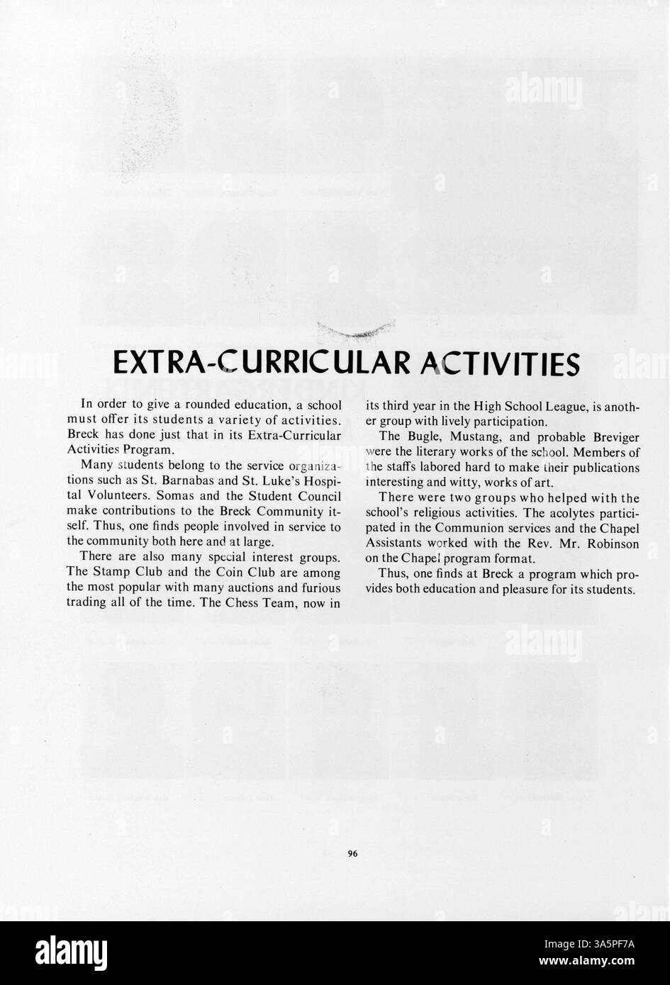 Dieses Mustang Jahrbuch 1968 dokumentiert das Leben der Schüler, die Lehrkräfte, die Leichtathletik, die Vereine und die Veranstaltungen während des akademischen Jahres 1967-1968 an der Breck School. Stockfoto