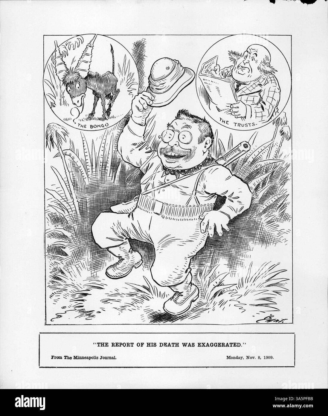 Ein politischer Zeichentrick aus dem frühen 20. Jahrhundert zeigt Teddy Roosevelt fröhlich tanzen, während eine Figur, die Trusts repräsentiert, besorgt aussieht. Dies könnte sich auf Berichte über seinen Tod oder seine anhaltende Politik nach seiner Präsidentschaft beziehen. Stockfoto