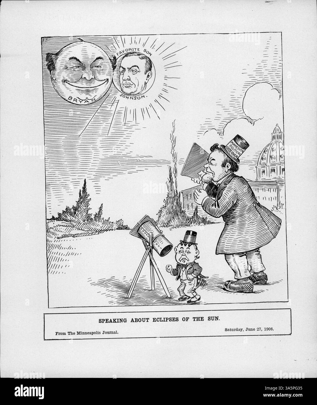 Dieser von der Minneapolis Tribune veröffentlichte politische Cartoon zeigt auf humorvolle Weise die Präsidentschaftswahl der Demokraten von 1908, bei der Bryan droht, die Sonne in den Schatten zu stellen (personifiziert durch Gouverneur Johnson). Stockfoto