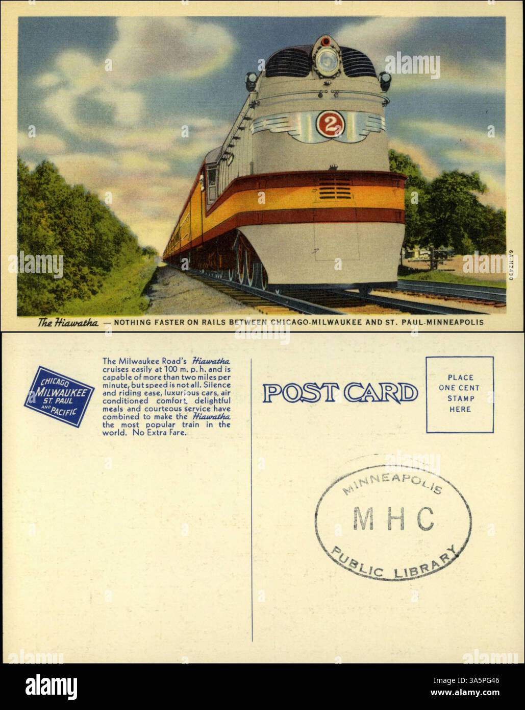 Die Hiawatha, die von der Milwaukee Road betrieben wird, war bekannt für ihre Geschwindigkeit, die mit 100 km/h fuhr. Es bietet luxuriöse, klimatisierte Autos, gutes Essen und exzellenten Service. Der Zug war berühmt für seine Kombination von hoher Geschwindigkeit und Komfort, was ihn zu einer beliebten Wahl zwischen Chicago, Milwaukee und St. Paul-Minneapolis machte, ohne dass eine zusätzliche Fahrkarte erforderlich war. Stockfoto