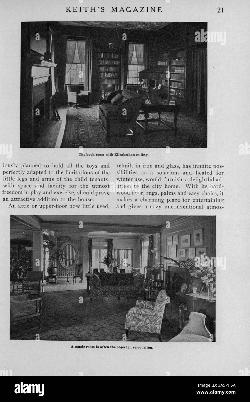 Keith's Magazine, eine Publikation des Architekten Max L. Keith aus dem Jahr 1916, bietet eine breite Palette an Wohndesigns, einschließlich Grundrissen, Fotos und Kostenaufteilungen. Das Magazin enthält auch Artikel über Wohnbau, Innenarchitektur, Landschaftsgestaltung und Werbung für Materialien und Möbel. Einige Ausgaben zeigen Pläne für Kirchen und Schulen. Stockfoto