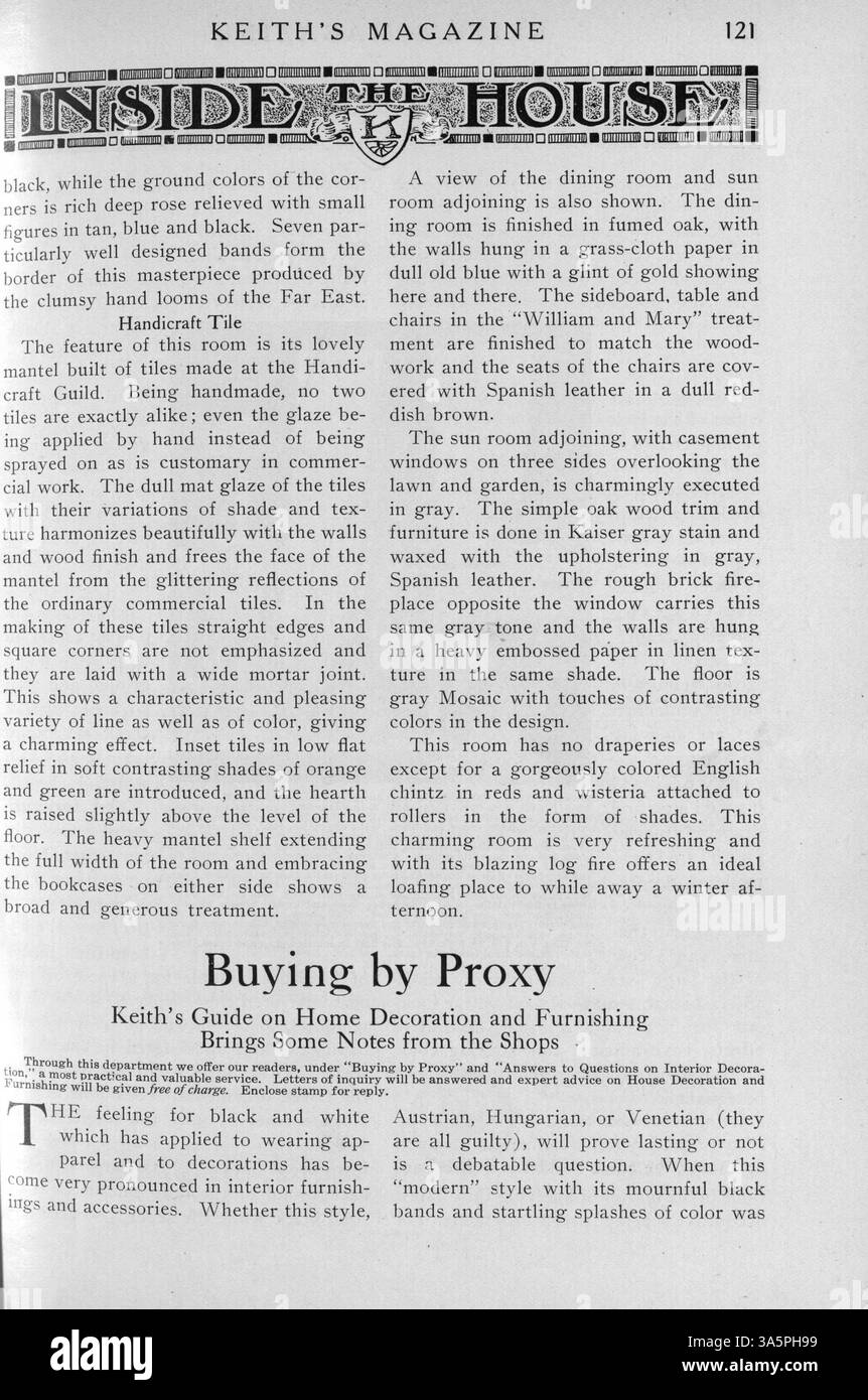 Das Keith's Magazine erschien monatlich im Jahr 1916 und zeigt architektonische Entwürfe mit Grundrissen, Fotos und Artikeln zum Wohnbau, zur Landschaft und zur Inneneinrichtung. Das Magazin enthält Werbung für Möbel und Materialien. Einige Themen konzentrieren sich auf Baupläne für Kirchen und Schulen. Fehlende Seiten auf einigen Volumes werden identifiziert. Die Publikation ist nach wie vor eine wertvolle Quelle für Baupraktiken des frühen 20. Jahrhunderts. Stockfoto