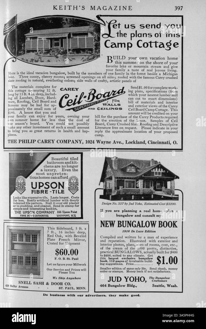 Diese monatliche Publikation aus dem Jahr 1916, Keith's Magazine, bietet Hausdesigns, Grundrisse, Kostenschätzungen, und detaillierte Artikel über Inneneinrichtung, Baumaterialien und Landschaftsgestaltung. Einige Ausgaben enthalten auch Entwürfe für Schulen und Kirchen. Fehlende Seiten von bestimmten Volumes. Stockfoto