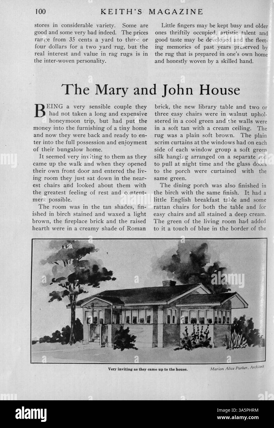Keith’s Magazine, eine Publikation von Max L. Keith aus dem Jahr 1916, konzentriert sich auf die Wohnungsgestaltung mit detaillierten Grundrissen, architektonischen Illustrationen und Baukosten. Das Magazin enthält auch Artikel über Wohnbau, Innenarchitektur, Landschaftsarchitektur und Werbung für Materialien, Möbel und Accessoires. Zu den Themen gehören Entwürfe für Schulen und Kirchen. Stockfoto