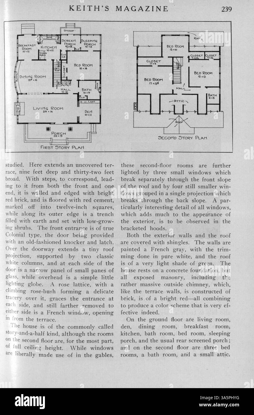 Keith's Magazine, 1916, veröffentlicht zwölf monatliche Ausgaben, die sich mit Hausentwürfen, architektonischen Grundrissen und Baukosten befassen. Die Artikel umfassen Inneneinrichtung, Landschaftsgestaltung und Baumaterialien sowie Werbung für Möbel und Wohnaccessoires. Die Publikation enthält Pläne für Wohn- und öffentliche Gebäude. Bei einigen Problemen fehlen Seiten. Stockfoto