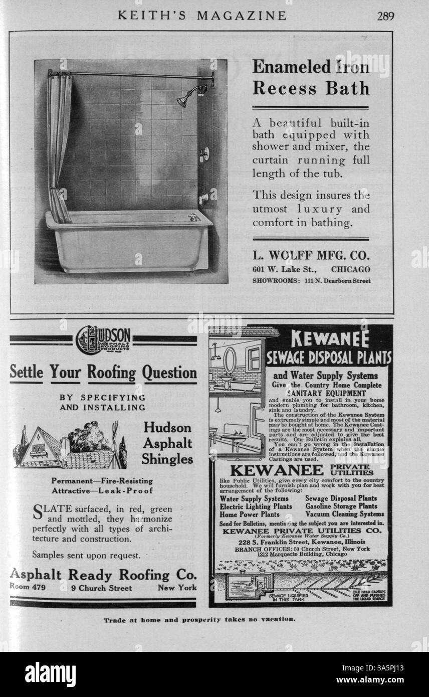 Keith’s Magazine, eine Publikation von Max L. Keith aus dem Jahr 1916, enthält detaillierte Grundrisse, architektonische Entwürfe und Kostenschätzungen für verschiedene Hausstile. Das Magazin enthält Artikel über Wohnbau, Innenarchitektur und Landschaftsarchitektur sowie Werbung für Baumaterialien, Wohnmöbel und Accessoires. Einige Ausgaben enthalten auch Entwürfe für Kirchen und Schulen. Stockfoto