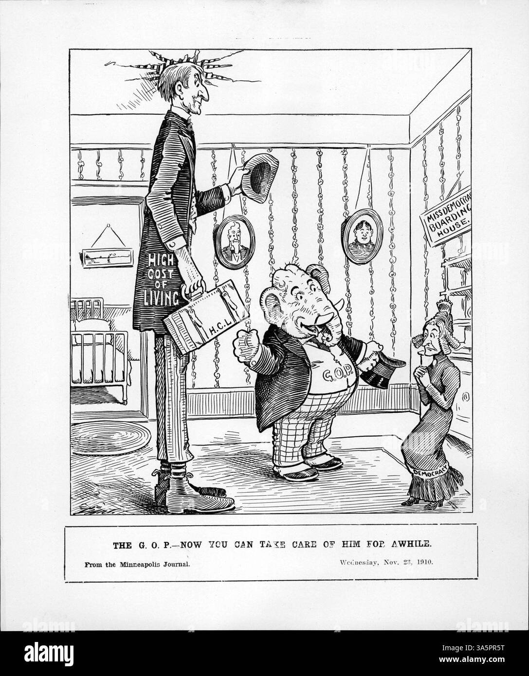 Dieser politische Zeichentrick zeigt den republikanischen Elefanten, der eine Karikatur über die hohen Lebenshaltungskosten an Miss Democracy’s Boarding House überbringt. Die Zahl ist zu hoch für den Raum und symbolisiert das wachsende Problem der hohen Lebenshaltungskosten während der Wahlen, bei denen die Demokraten die Kontrolle über das Parlament erlangten. Stockfoto