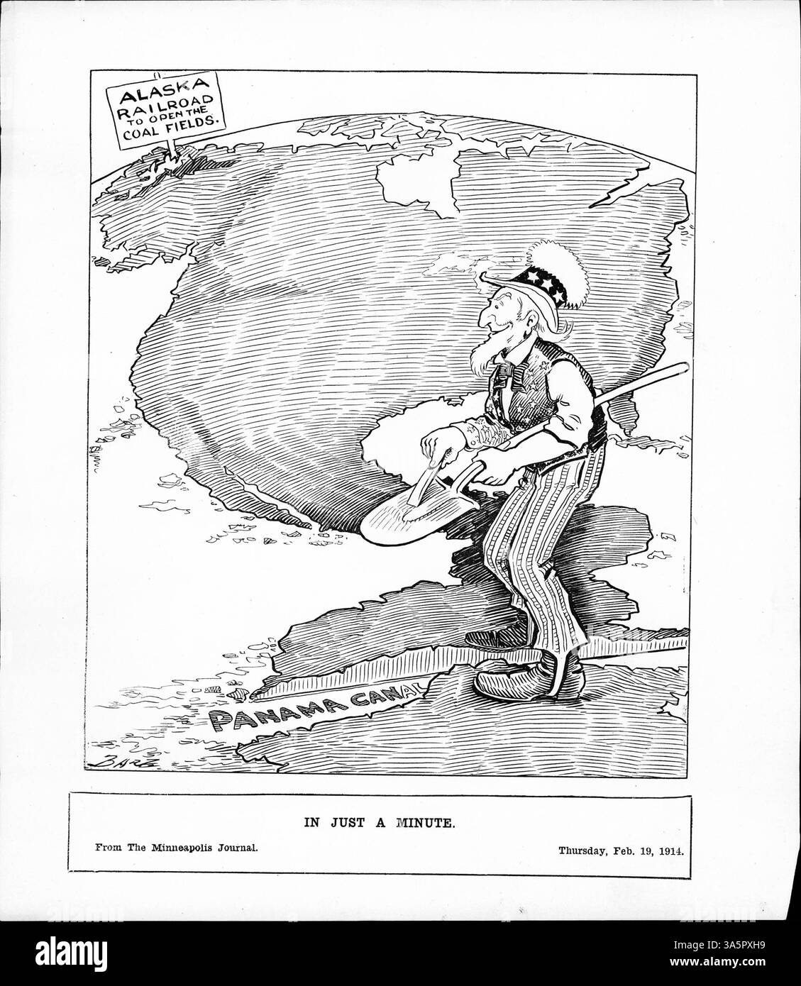 Ein politischer Cartoon zeigt Uncle Sam, der den Panamakanal fertigstellt und über die Eröffnung der Alaska Railroad nachdenkt, wobei der Schwerpunkt auf dem Ausbau der US-Infrastruktur liegt. Stockfoto