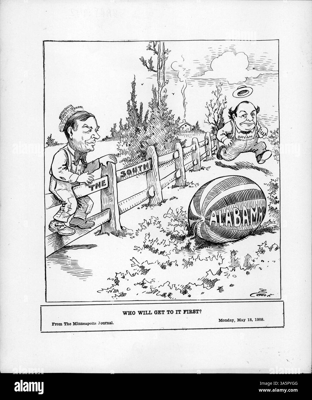 Dieser Zeichentrick zeigt die Senatoren Johnson und Bryan, wie sie eine Wassermelone in Anlehnung an die bevorstehende Alabama-Primär beanspruchen. Die Verwendung von Früchten symbolisiert oft politische Befürwortungen in Bartholomaios Cartoons. Stockfoto Dieser Zeichentrick zeigt die Senatoren Johnson und Bryan, wie sie eine Wassermelone in Anlehnung an die bevorstehende Alabama-Primär beanspruchen. Die Verwendung von Früchten symbolisiert oft politische Befürwortungen in Bartholomaios Cartoons. Stockfoto