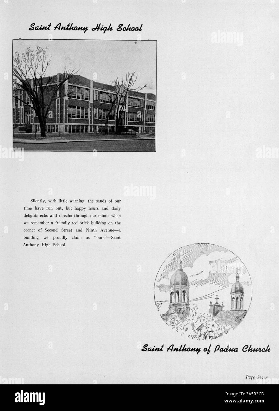 Das paduanische Jahrbuch 1947 der St. Anthony High School dokumentiert die Schüler, Lehrer, Vereine, Leichtathletik und Schulveranstaltungen aus dem Schuljahr 1946-1947. Stockfoto
