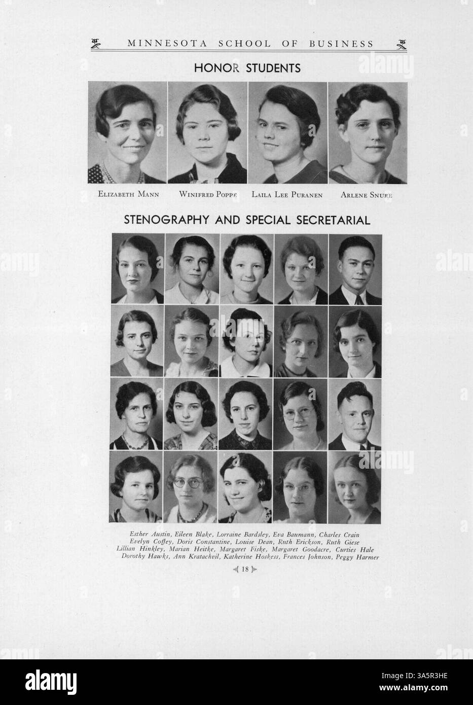 Das Jahrbuch 1933 der Minnesota School of Business dokumentiert die Studenten, Lehrkräfte und Schlüsselveranstaltungen des Schuljahres 1932-1933. Stockfoto