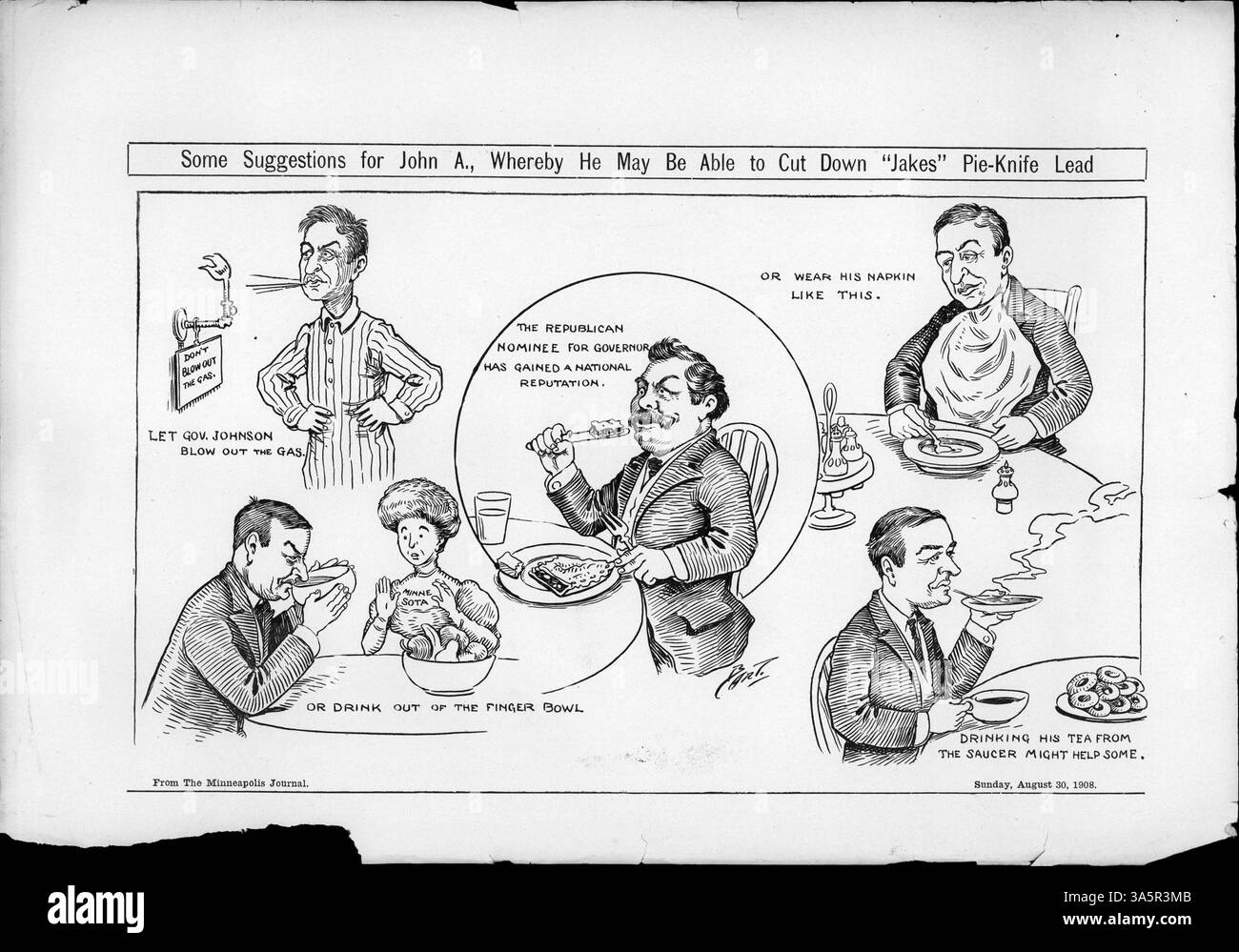 Ein politischer Zeichentrick, der Johnson mit schlechten Manieren an die Wähler appelliert, und auf einen Vorfall mit einem Kuchenmesser verweist, der in der Minneapolis Tribune diskutiert wurde. Stockfoto