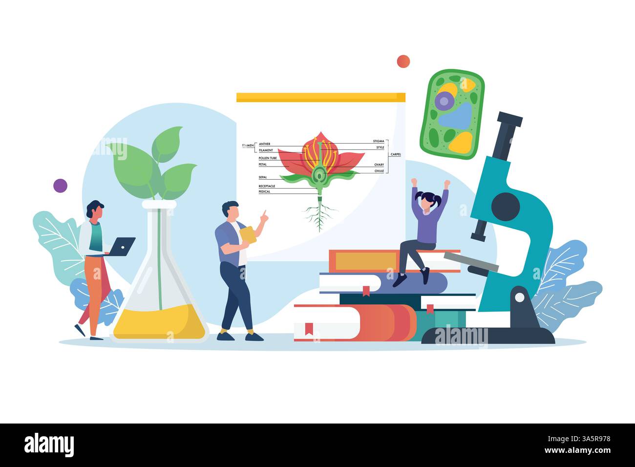Wissenschaftslabor und Schulklasse. Biologiekurs mit Miniaturmenschen. Biologie-Unterricht am College. Stock Vektor