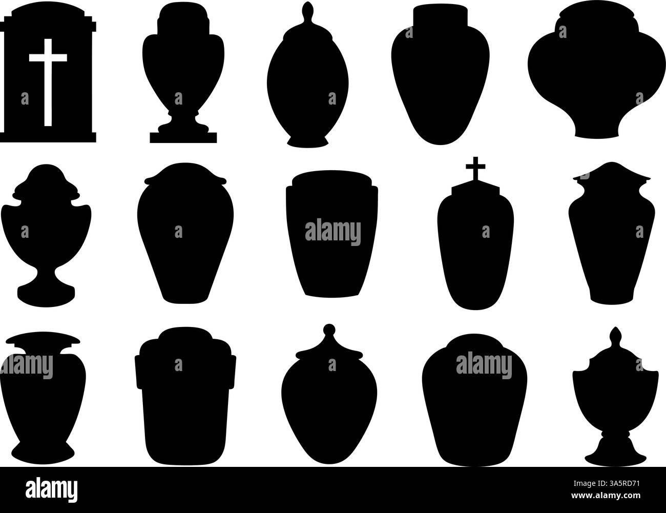 Sammlung verschiedener Bestattungsurnen Silhouetten isoliert auf weiß Stock Vektor