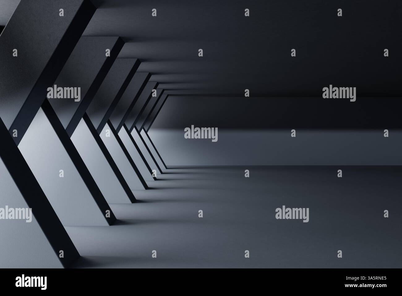 Futuristisch-geometrisches dunkles Saalinnere mit abstrakten diagonalen Schatten - 3D-Illustration Stockfoto