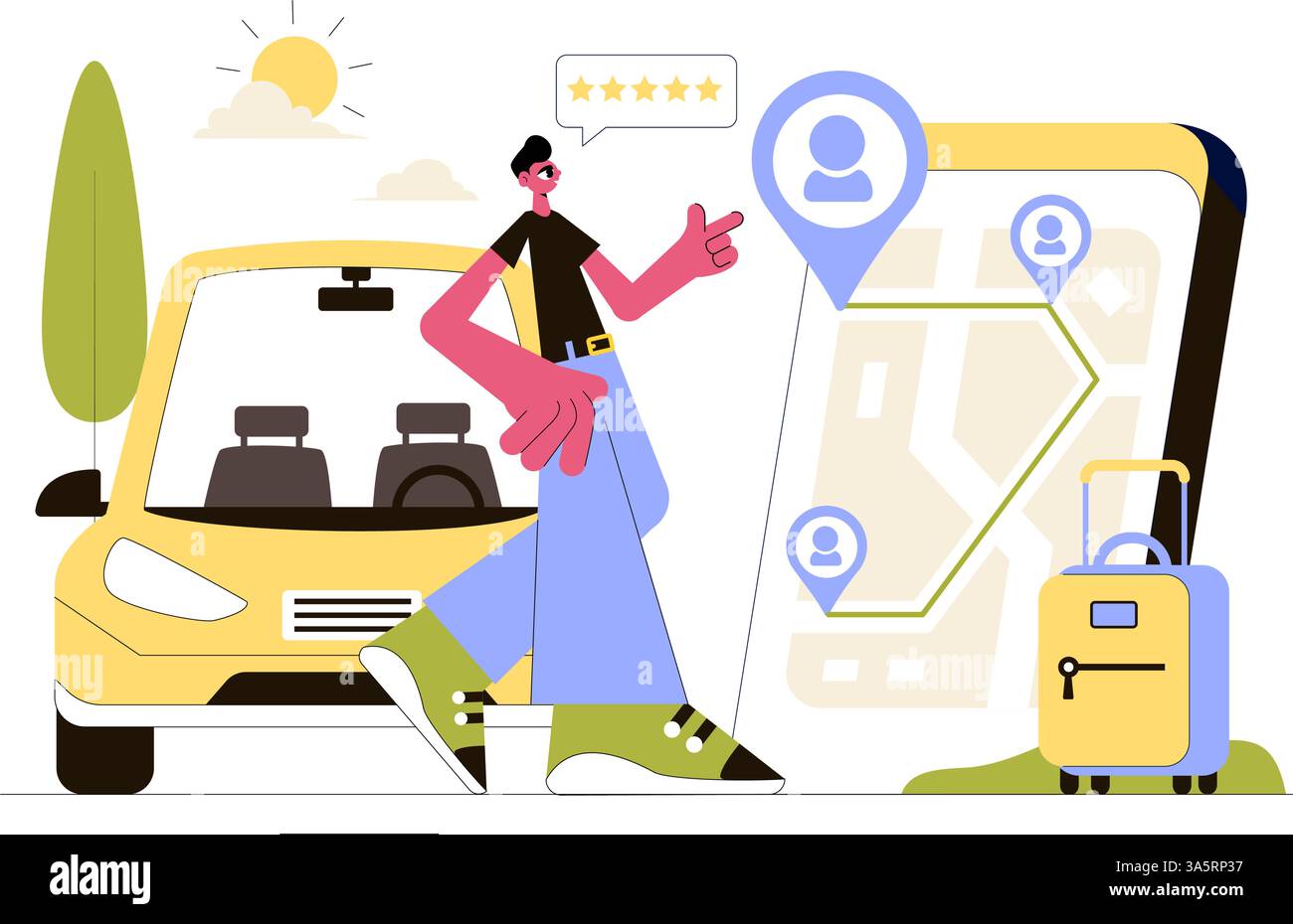 Vektor-Illustration für die gemeinsame Nutzung von Transportdiensten mit Fahrzeugen zum Transport von Passagieren von einem Ort zum anderen Stock Vektor