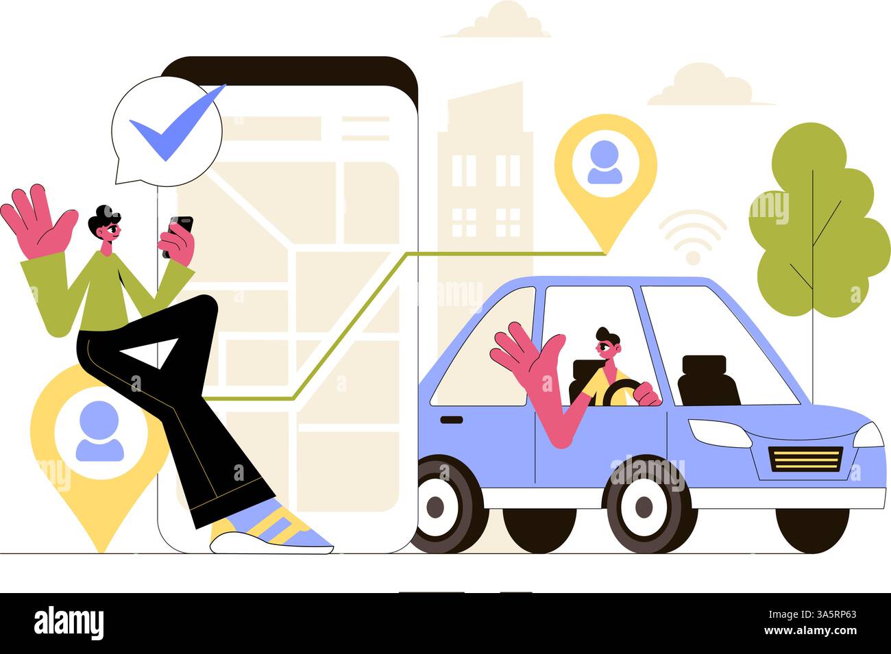 Vektor-Illustration für die gemeinsame Nutzung von Transportdiensten mit Fahrzeugen zum Transport von Passagieren von einem Ort zum anderen Stock Vektor