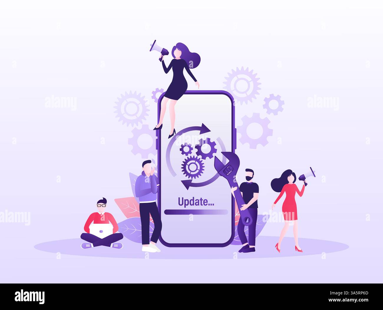 Cartoon-Software aktualisiert Menschen für das Design mobiler Apps. Abbildung des isometrischen Vektors. Design mobiler Anwendungen. Illustration des Technologienetzwerks Stock Vektor