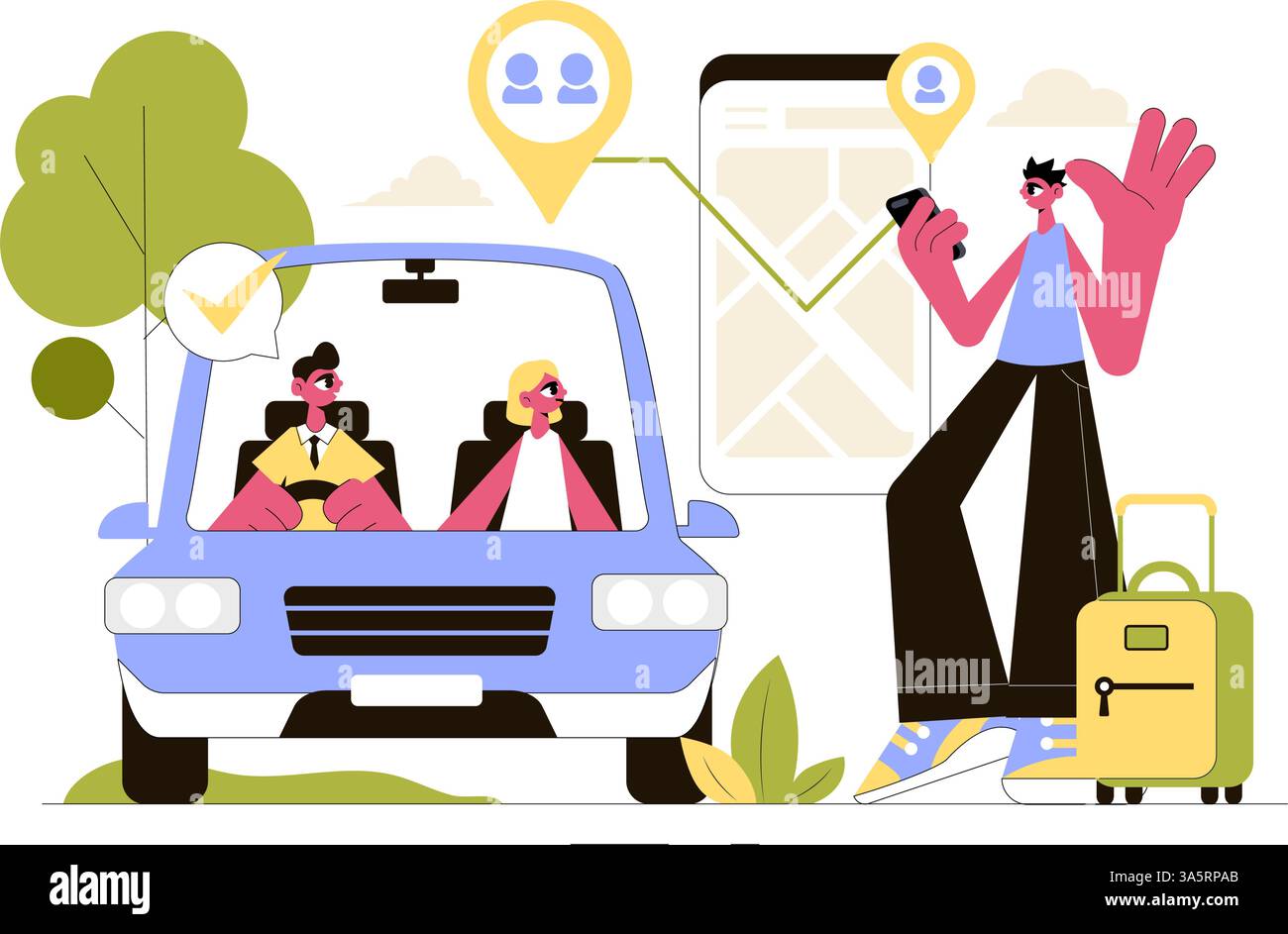 Vektor-Illustration für die gemeinsame Nutzung von Transportdiensten mit Fahrzeugen zum Transport von Passagieren von einem Ort zum anderen Stock Vektor