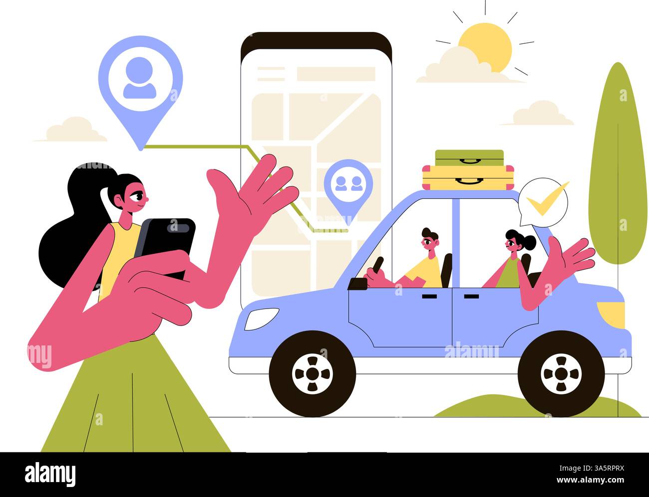 Vektor-Illustration für die gemeinsame Nutzung von Transportdiensten mit Fahrzeugen zum Transport von Passagieren von einem Ort zum anderen Stock Vektor