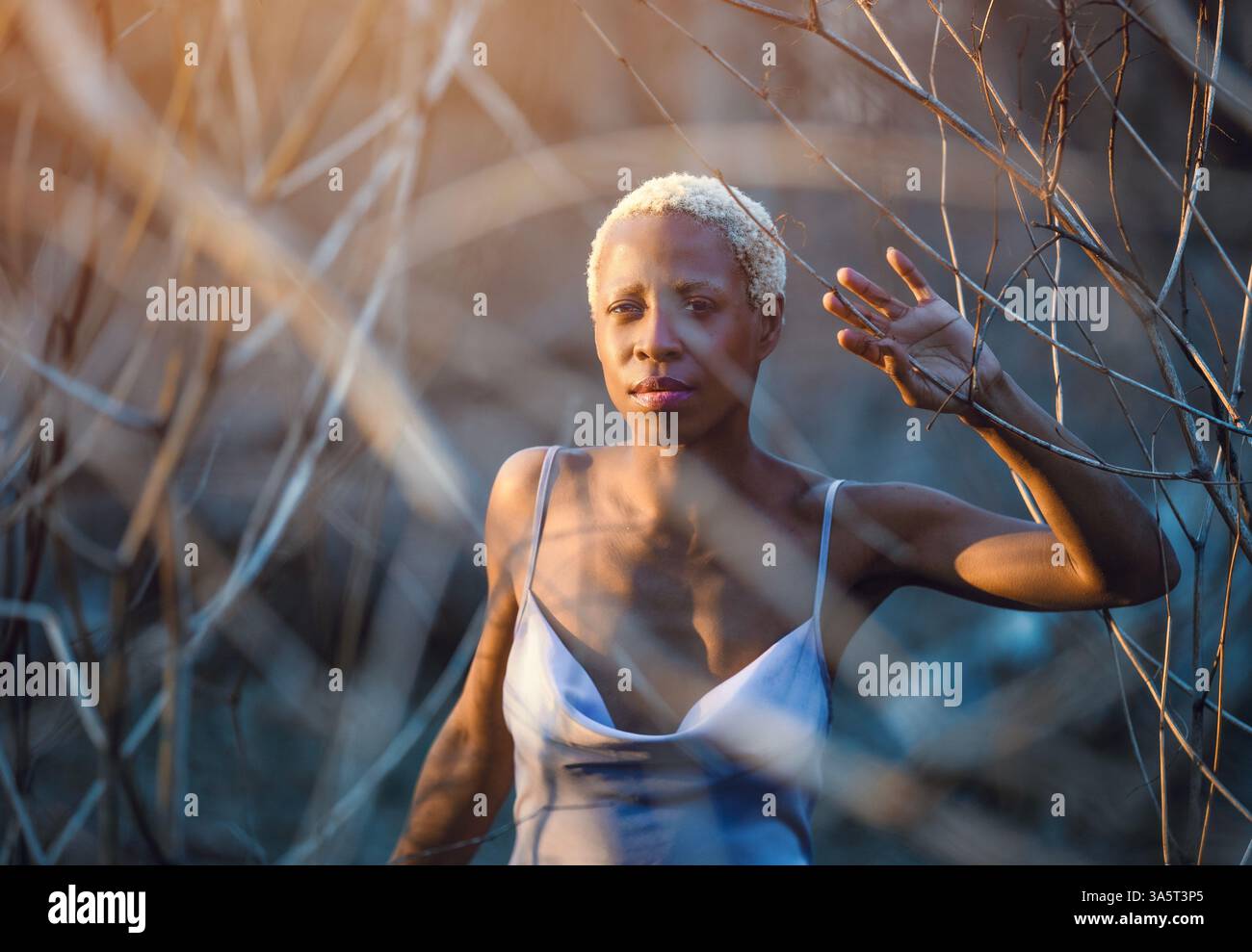 Porträt einer Frau in einem lila Kleid bei Sonnenuntergang im Wald Stockfoto