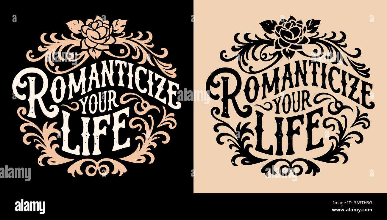 Romantisieren Sie Ihr Leben Buchstaben dunkle akademische Romantik Leser viktorianische Ära Ästhetik elegante Frauen persönliche Entwicklung Zitate Abzeichen Aufkleber Druck. Stock Vektor