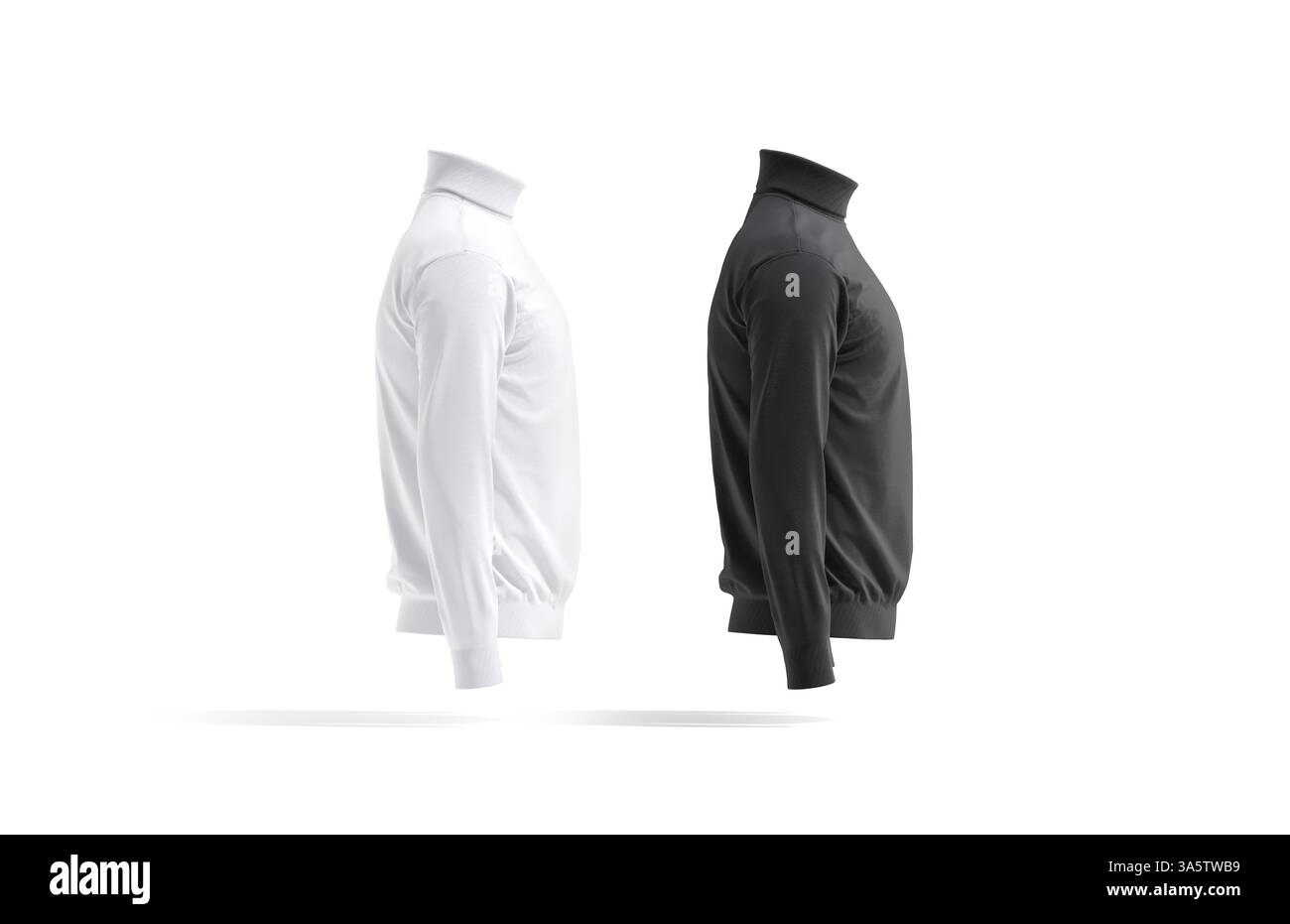 Leeres Schwarzweiß-Pullover mit Rollkragenmuster, Profilansicht, 3D-Rendering. Leere warme Männerkleidung mit hohem Hals, isoliert. Klarer Klassiker Stockfoto