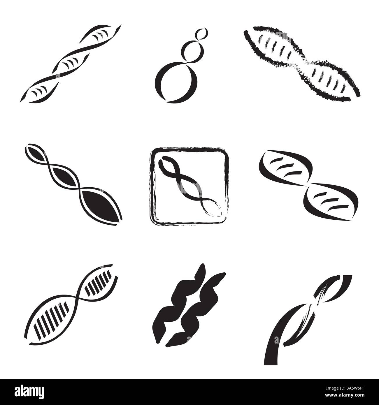 Set mit 9 DNA-Symbolen und -Logos, Genetikforschung und -Wissenschaft, Schwarzweiß-Vektor Stock Vektor Set mit 9 DNA-Symbolen und -Logos, Genetikforschung und -Wissenschaft, Schwarzweiß-Vektor Stock Vektor