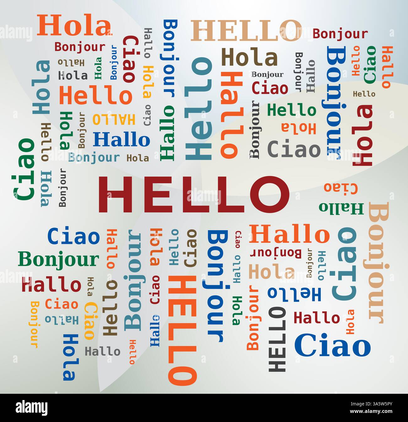 Word Cloud – Hallo in verschiedenen Sprachen – 5 Sprachen auf hellem Hintergrund Stock Vektor