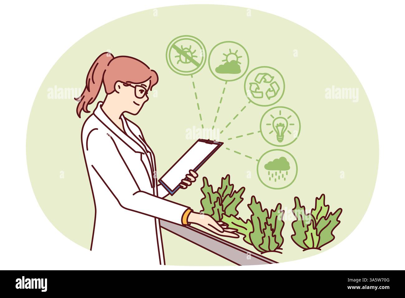 Frau arbeitet in hydroponischen Pflanzenfarmen und baut Pflanzen in biologischen Forschungslabors an. Glückliches Mädchen in weißem Kittel studiert Kräuter mit nützlichen Eigenschaften und arbeitet auf einer wissenschaftlichen Farm. Stock Vektor