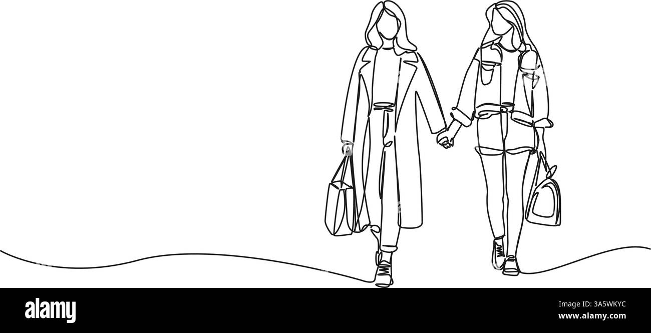 Kontinuierliche Einzeilenzeichnung von zwei jungen Frauen, die Hand in Hand gehen, Linie Art Vektor Illustration Stock Vektor