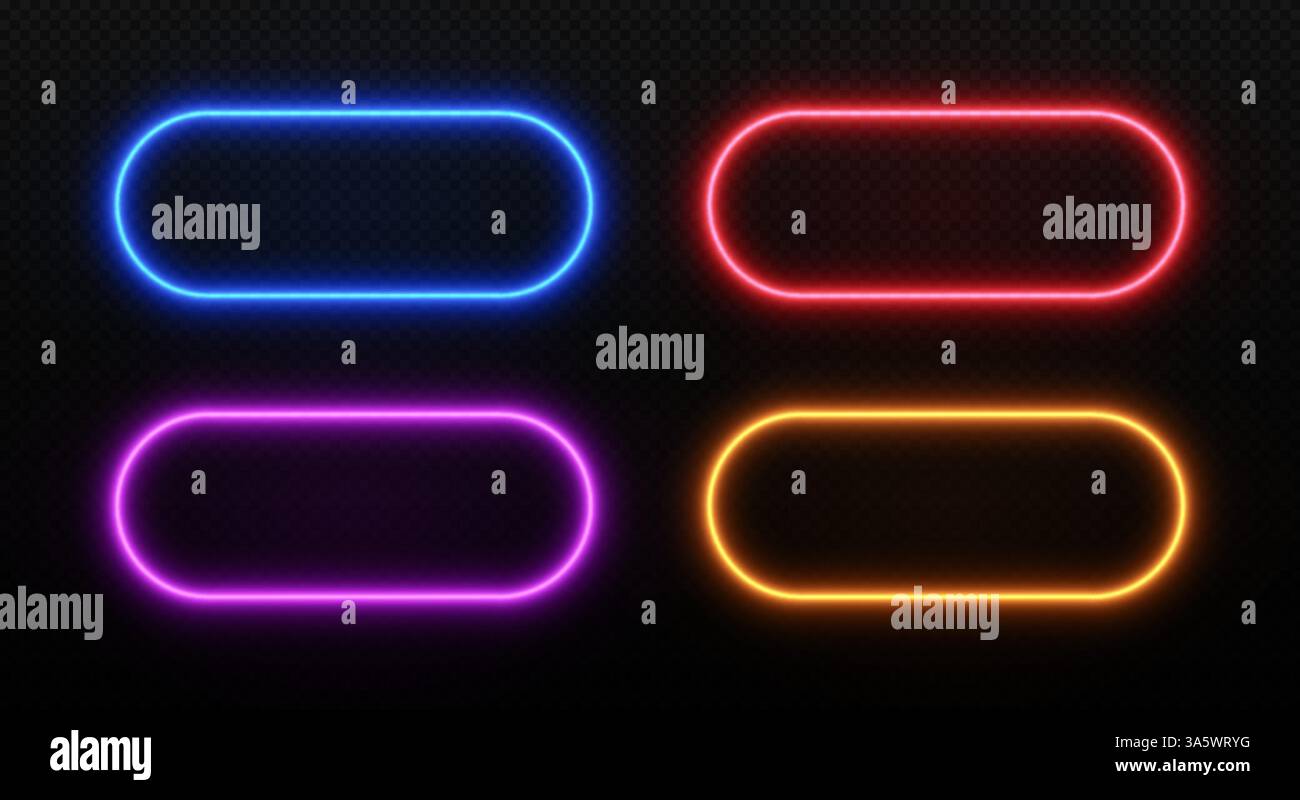 Licht des rechteckigen Neonrahmens. LED-Rundumrandung leuchtet. Vektorsatz von Laservorlagen, isoliert auf dunklem transparentem Hintergrund. Stock Vektor