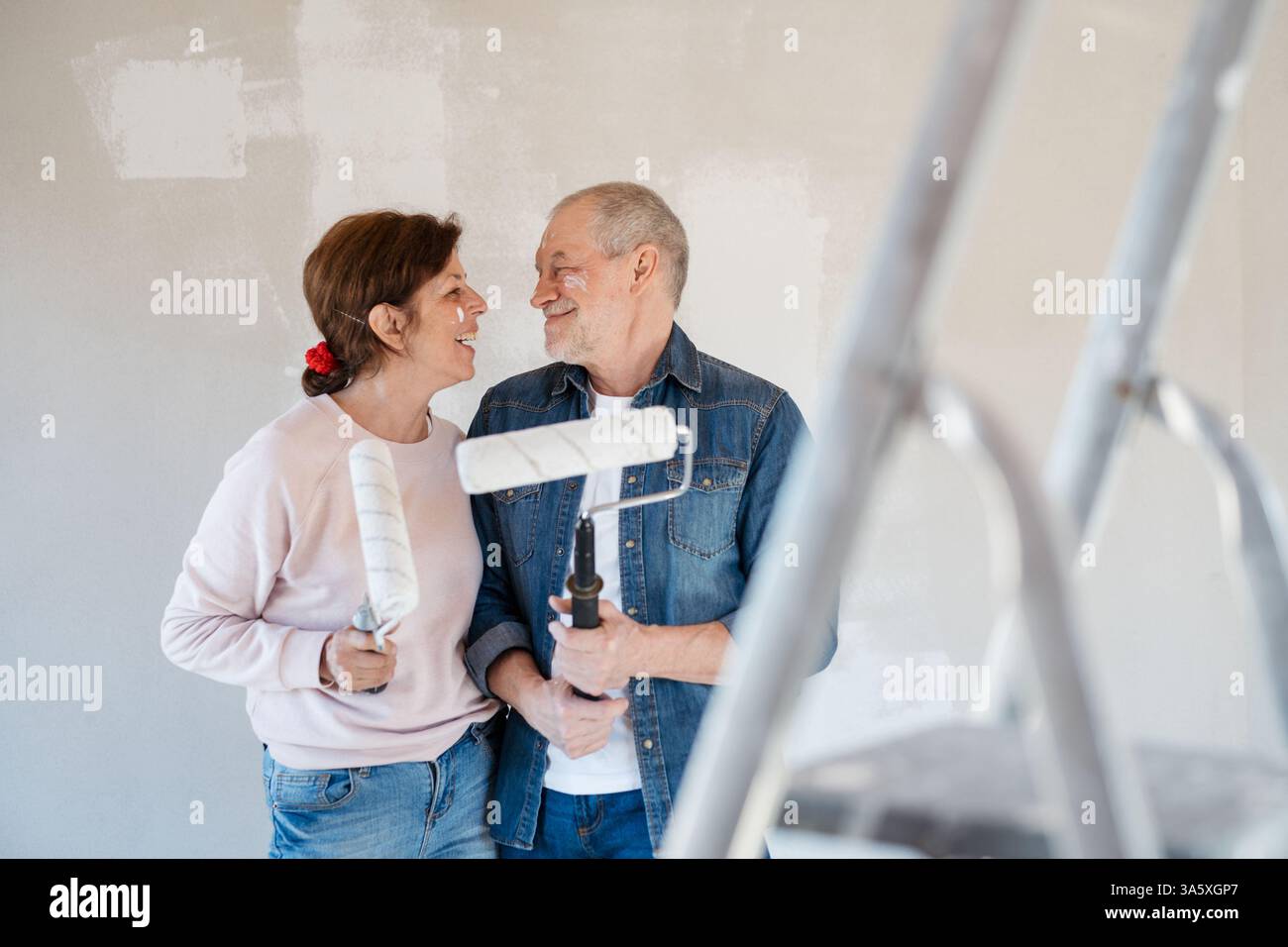 Seniorenpaar renovieren ihr Haus, eine gemeinsame Ruhestandstätigkeit. Stockfoto