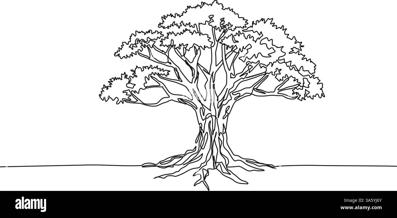 Durchgehende einzeilige Zeichnung eines alten breitblättrigen Baumes, Strichkunstvektorillustration Stock Vektor