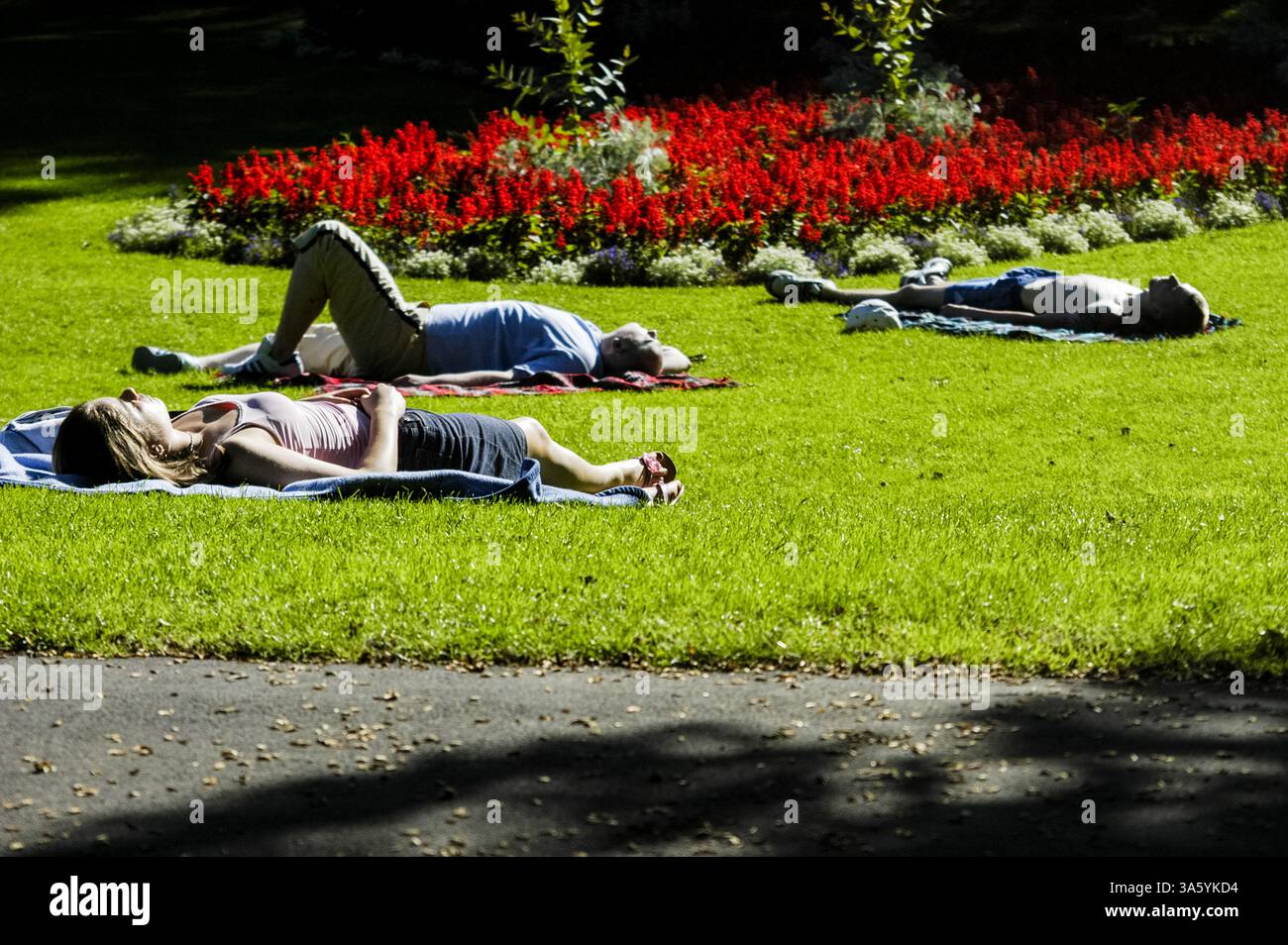 SOMMERABEND, LIEGEN IM GRAS, ENTSPANNUNG, ROATH PARK, CARDIFF, WALES, ARCHIV, 2002: Menschen, die sich im Spätsommer im Roath Park, Cardiff, Wales, Großbritannien im September 2002 entspannen. Foto: Rob Watkins Stockfoto
