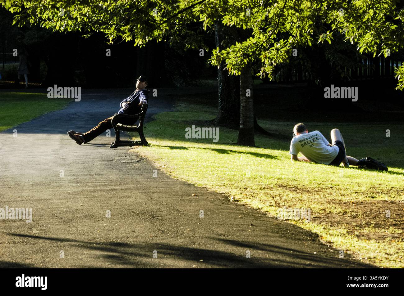 SOMMERABEND, ENTSPANNUNG, ROATH PARK, CARDIFF, WALES, ARCHIV, 2002: Menschen, die sich im Spätsommer im Roath Park, Cardiff, Wales, Großbritannien im September 2002 entspannen. Foto: Rob Watkins Stockfoto