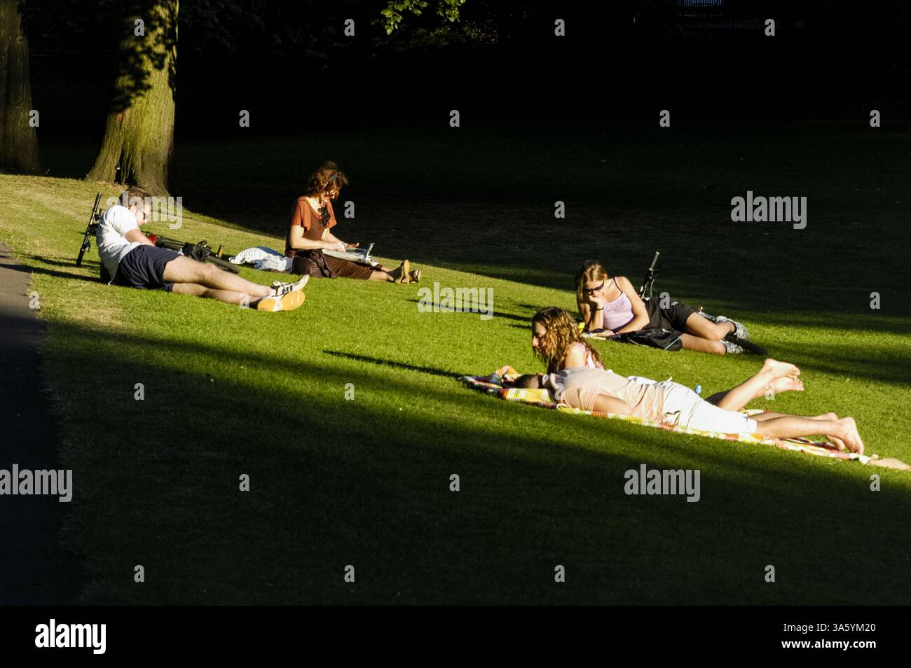 STUDENTEN LESEN BEI SONNENUNTERGANG, SOMMERABEND, ENTSPANNUNG, ROATH PARK, CARDIFF, WALES, ARCHIV, 2002: Students Revising in the Sunset. Im September 2002 entspannen sich Menschen im Roath Park, Cardiff, Wales, Großbritannien. Foto: Rob Watkins Stockfoto