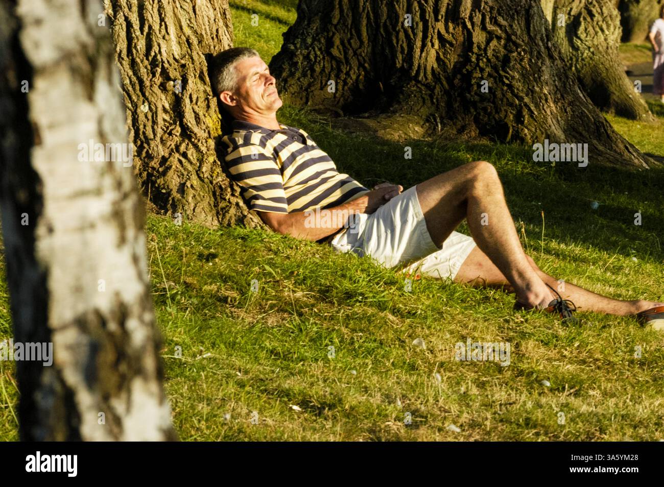 MANN IN SHORTS, SIESTA, SOMMERABEND, ENTSPANNUNG, ROATH PARK, CARDIFF, WALES, ARCHIV, 2002: ein Mann mittleren Alters saugt die Sonnenuntergangssonne auf. Im September 2002 entspannen sich Menschen im Roath Park, Cardiff, Wales, Großbritannien. Foto: Rob Watkins Stockfoto