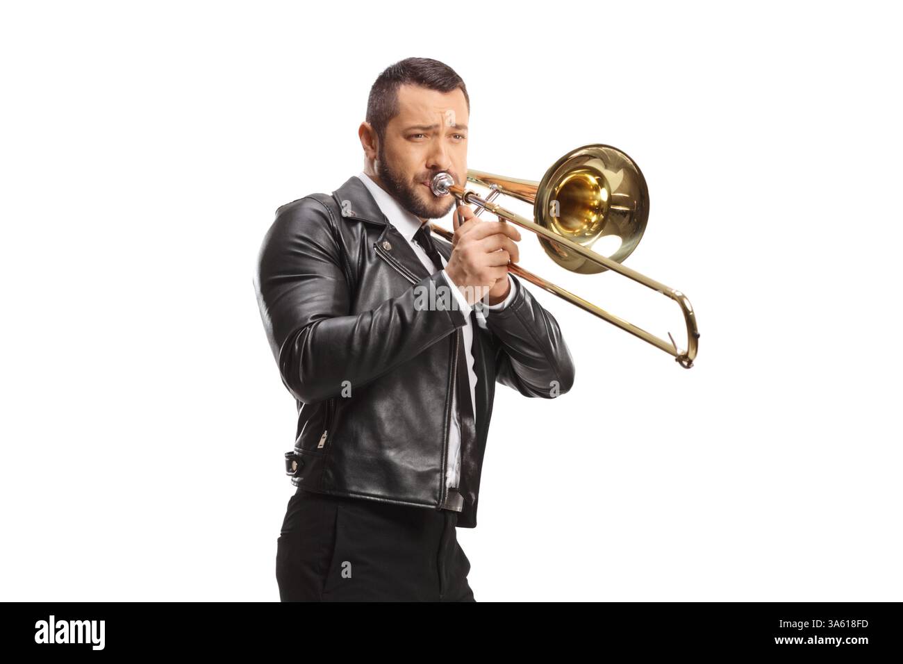 Mann spielt eine Posaune isoliert auf weißem Hintergrund Stockfoto