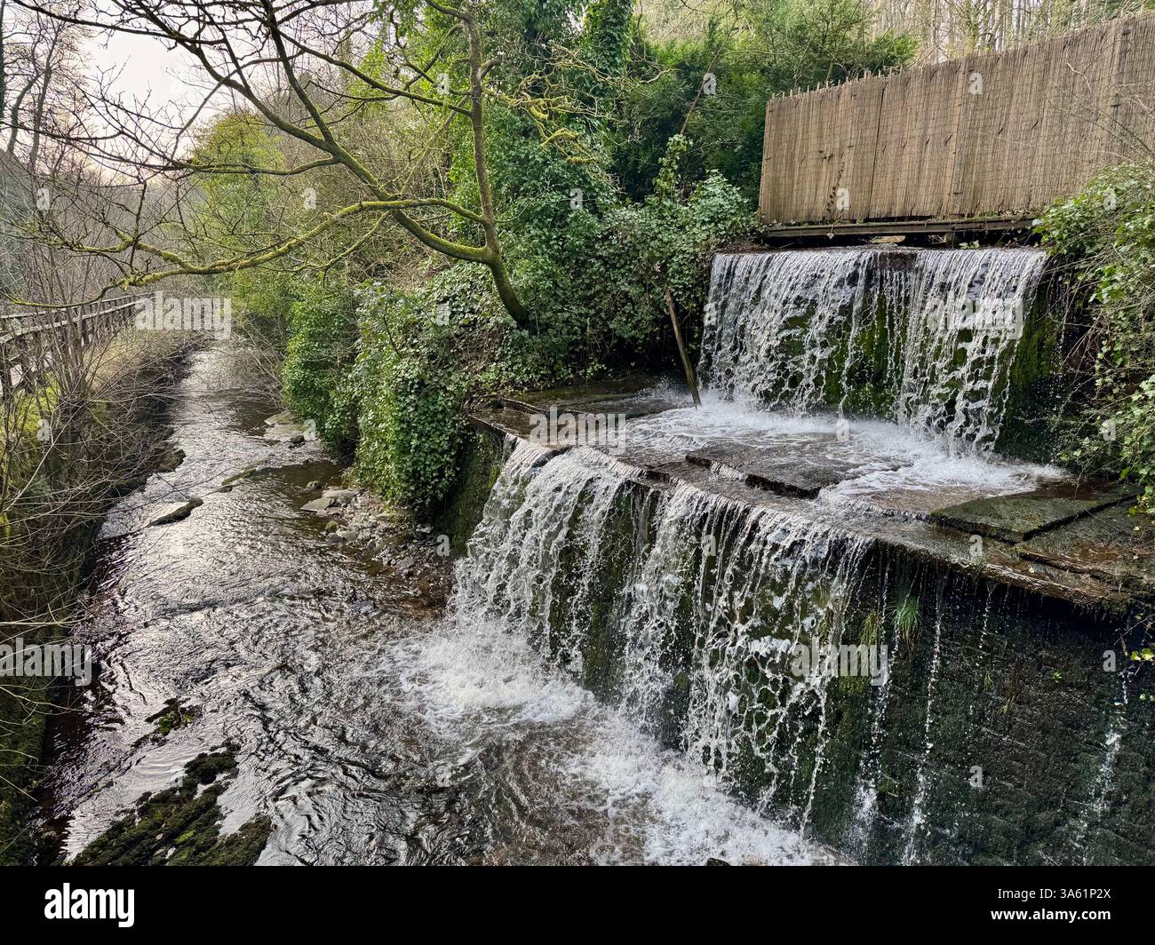 Wasserfall, der in den Springs Branch Canal am Skipton Castle mündet. Stockfoto