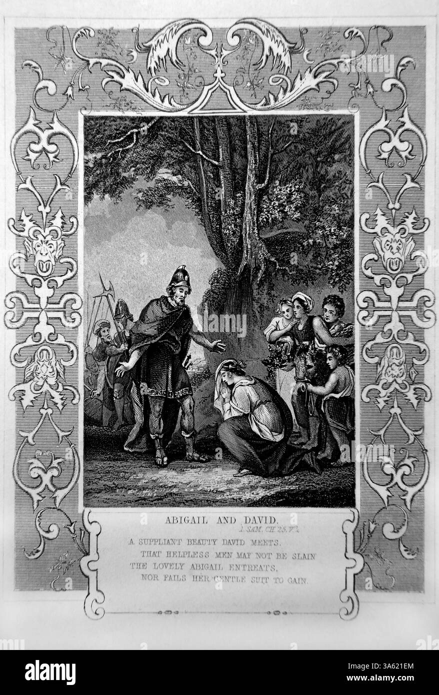 Abigail verbeugt sich vor David und bietet Brot, Nahrung und Vieh (Samuel) Stahl Gravur Alexander Fletcher um 1860 Stockfoto