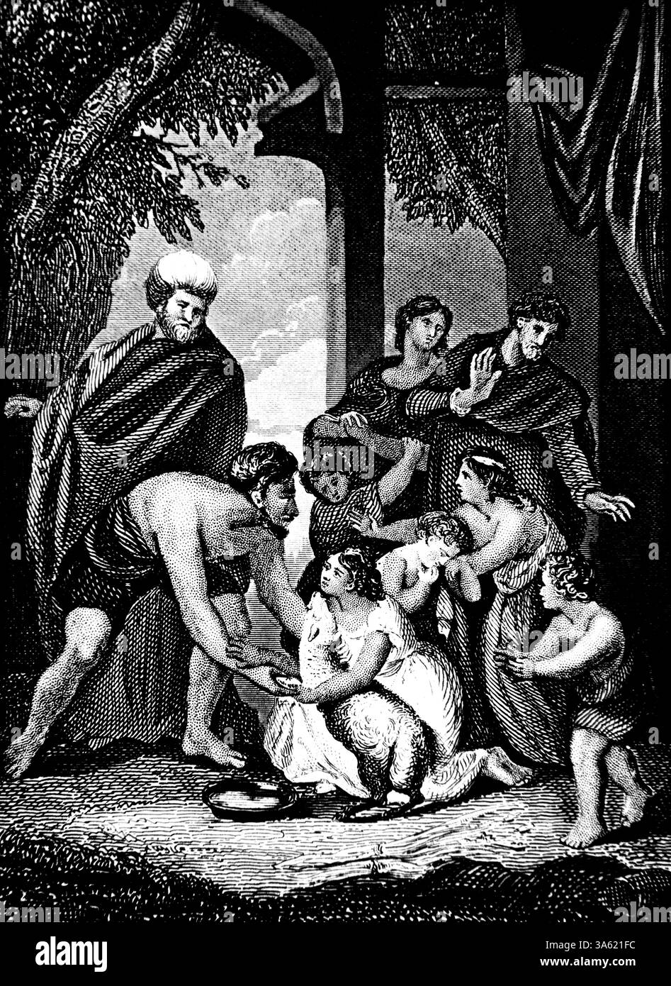 Nathan's Gleichnis von zwei Männern ein reicher ein armer Mann, der reiche Mann hatte eine Schafherde der arme Mann hatte gerade ein Schaf, das er und seine Familie sich um Li kümmerten Stockfoto