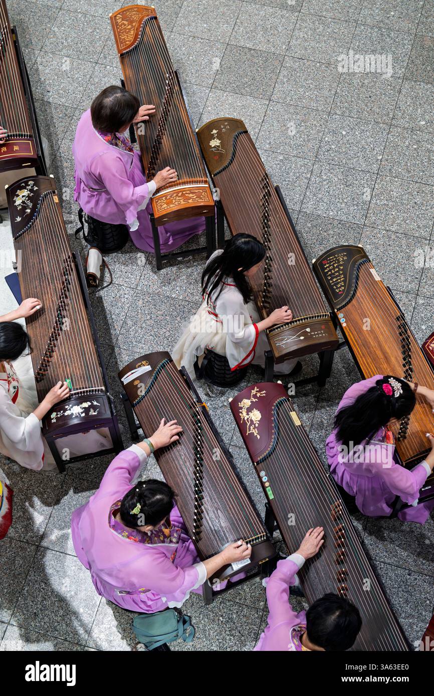 Das Harmony Guzheng Ensemble spielt ihre chinesischen Zither während des Qing Ming Festivals, das den Frühling im Calgary Chinese Cultural Centre feiert Stockfoto