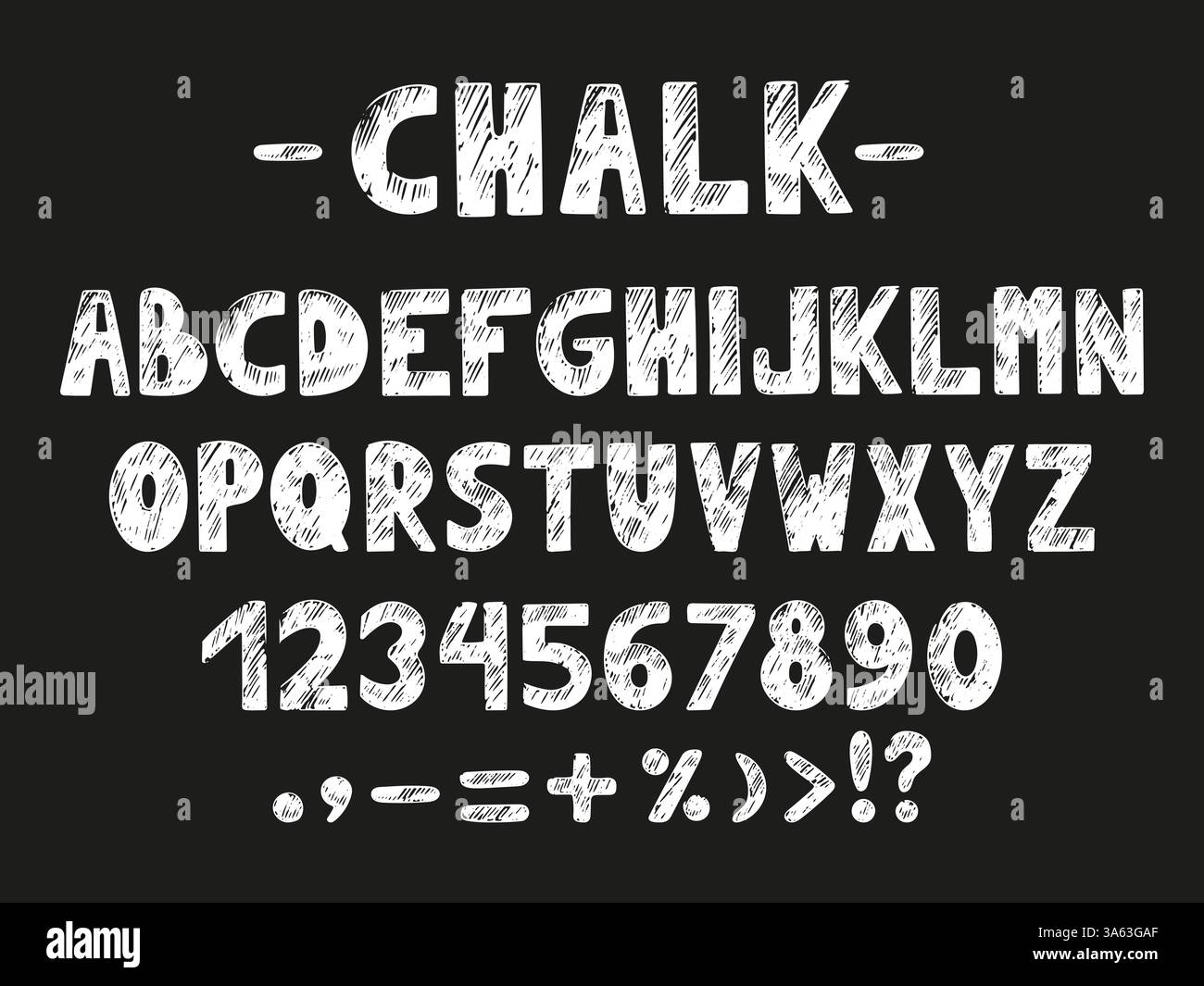 Alphabet mit weißer Kreide. Buchstaben, Zahlen und Markierungen handgezeichnet. Zurück zur Schule, Kindergarten Vorschule abc. Zeichenstift, neoterische Vektorsatz Stock Vektor