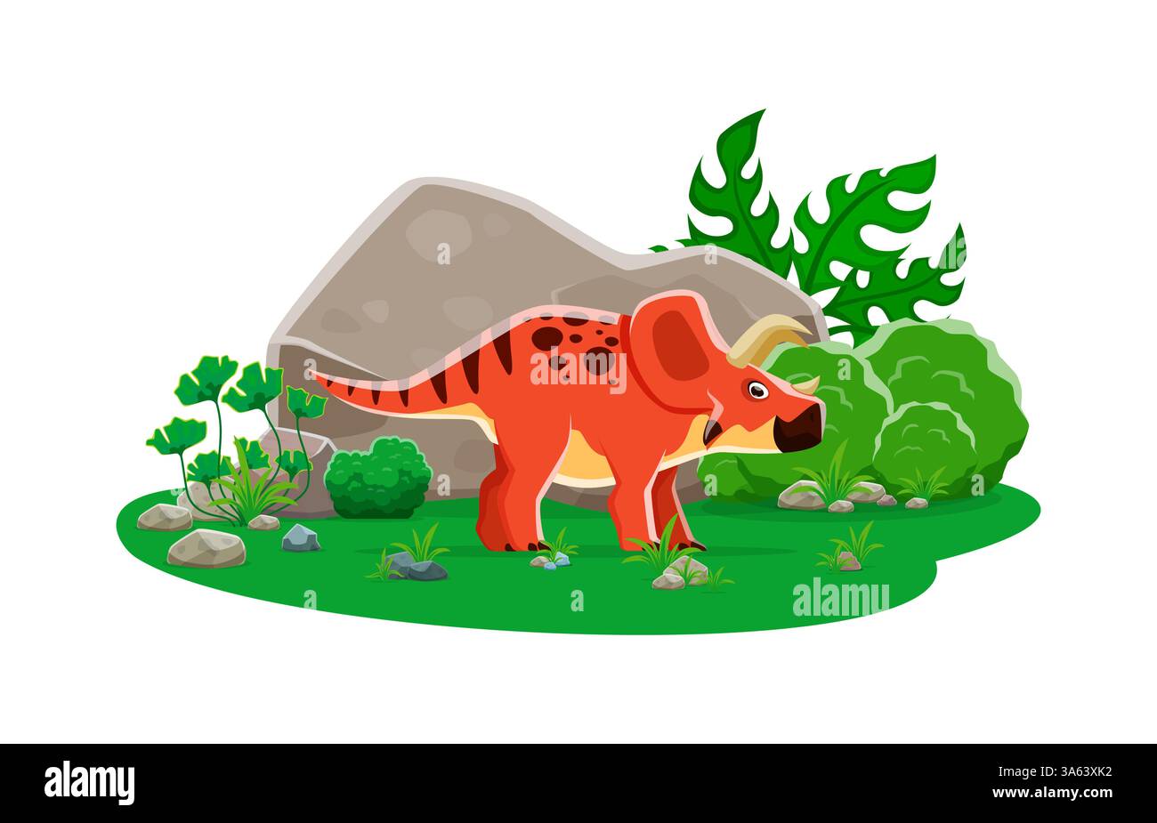 Arrhinoceratops prähistorischer Cartoon-Dinosaurier. Isolierte Vektor-triceratops wie Dino mit roter Haut und Hörnern, stehen in einer üppigen Landschaft aus der jurassischen Zeit mit großen Felsen, Pflanzen und Büschen auf einem grünen Feld Stock Vektor
