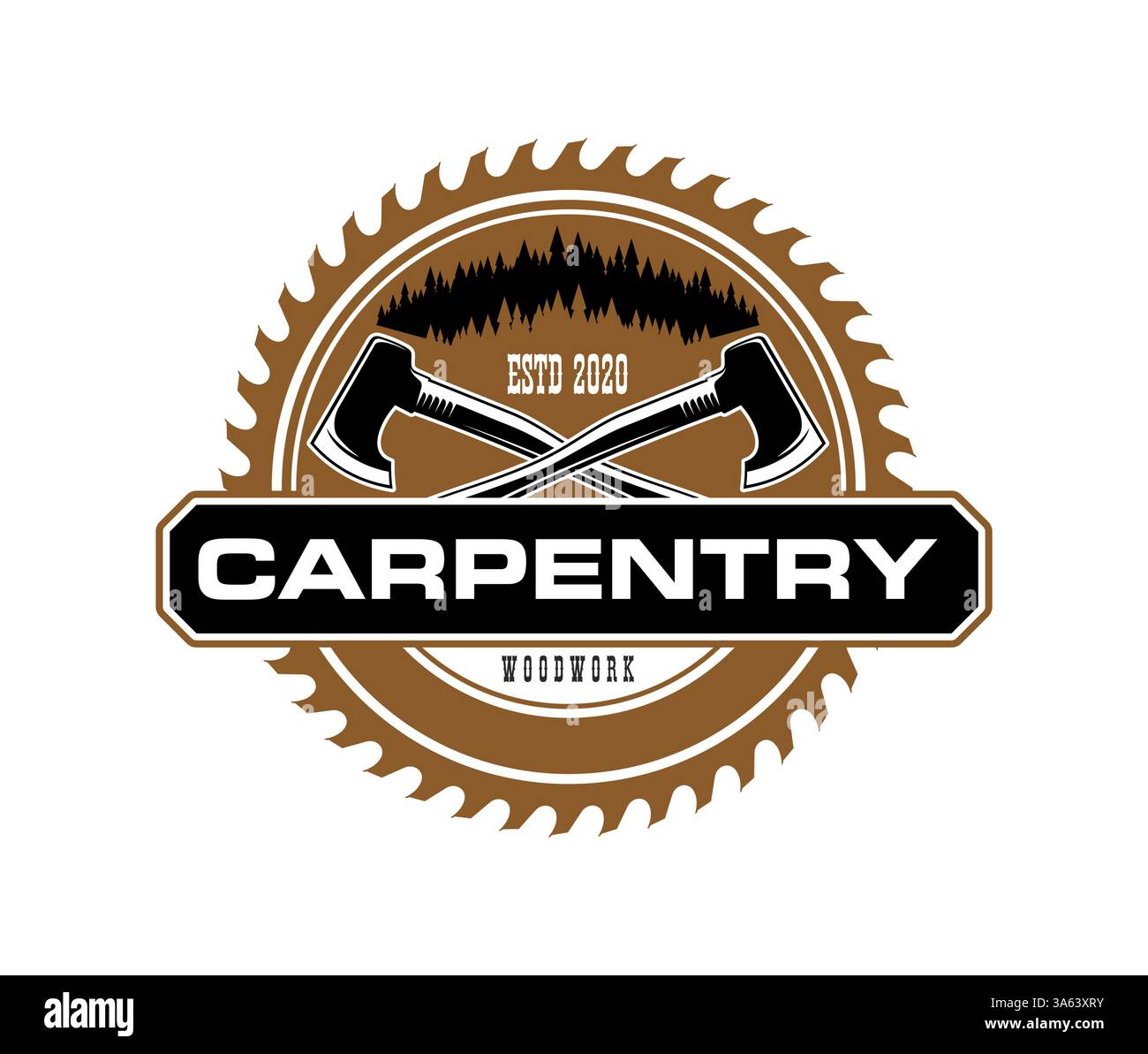 Tischlerei-Ikone mit gekreuzten Äxten vor einem Kreissägeblatt und Kiefernbaumsilhouetten, die die Tradition und Handwerkskunst der Holzverarbeitung in rauen Braun- und Schwarztönen unterstreichen Stock Vektor