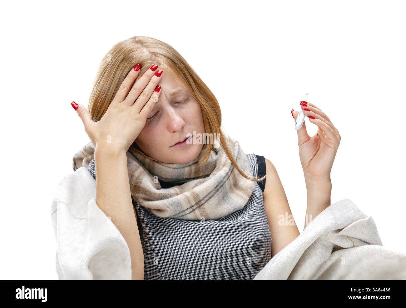 Junge schöne blonde, kranke Frau, isoliert auf weißem Hintergrund Stockfoto