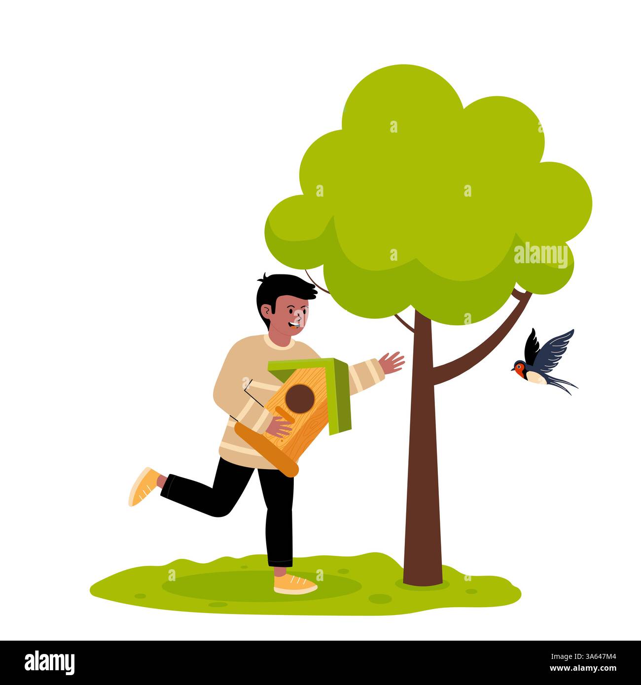 Kind lächelt, während es ein Vogelhaus neben einen Baum in einem sonnigen Garten stellt Stock Vektor